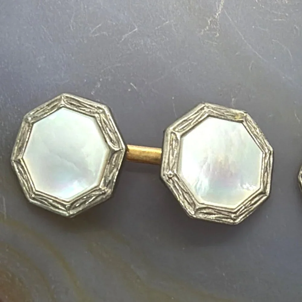 Vintage Art Deco Mother of Pearl Rolled Gold Plate Tuxedo Double Sided Cufflinks - Picture 6 of 14